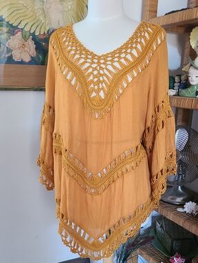 Vivid Importers Of NY Boho Chic Mustard Crochet Tunic Size 3X